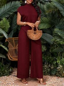 SHEIN Lady 女式度假休闲纯色不对称下摆衬衫和裤子两件套 - 酒紅色 - 查看 3