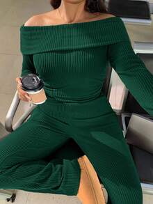 SHEIN EZwear 大码休闲家居服简约露肩粗条纹橄榄绿两件套 - 墨綠色 - 查看 1