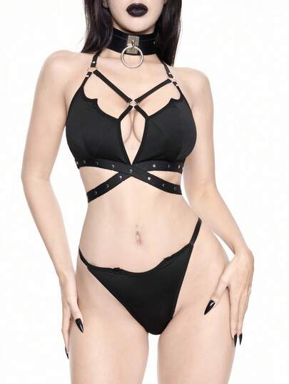 Gothic Bat Wing Eyelet Lace Bralette & Thong Lingerie Set
