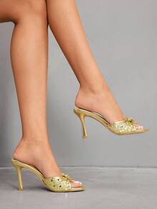 CUCCOO SZL 女士金色金属蝴蝶结时尚性感优雅圆头穆勒高跟凉鞋，适合派对和夜总会 - 金色 - 查看 8