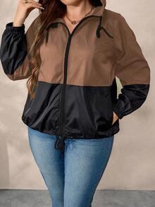 EMERY ROSE Chaqueta casual con capucha, cordón y cremallera de bloques de color para mujer de talla grande - Marrón - Ver 4