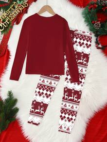 2 件男童圣诞快乐字母和鹿印花长袖上衣和裤子睡衣套装，圣诞主题，针织弹力面料 - 酒紅色 - 查看 3