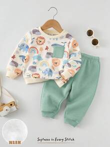 Cozy Pixies 2pcs Baby Boy Cartoon Animal Pattern Knit Soft Crew Neck Long Sleeve Pullover Sweatshirt And Elastic Waist Pants Set - Mint Green - View 7