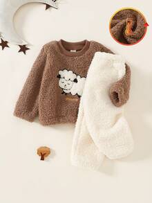 2pcs Toddler Boys' Casual Plush Long Sleeve Pajama Set,Cute Sheep Pattern Pajamas, Plush Style, Loungewear,Brown Fluffy Loungewear Pajamas Fleece Pajamas Cozy Pixies Baby Girl Set Brown Baby Clothes Toddler 2 Piece Winter Fur Clothing Baby Girl Fleece Sets Warm Baby Girl Clothes - Brown - View 3