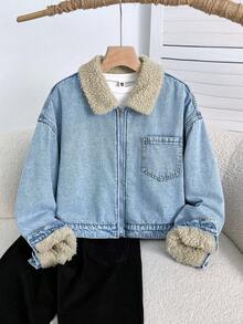 SHEIN 少女时尚休闲 Y2K 复古酷炫街头返校学院风浅蓝色牛仔夹克，内衬保暖抓绒，翻领长袖短款外套，适合日常穿着，秋冬季节参加锐舞派对和街头服饰。 - 藍色 - 查看 4