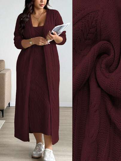 Easura Autumn/Winter Thick Cable Knit Long Cardigan Sweater Set For Women Plus Size, Casual Stylish Sleeveless Sweater Dress With Long Sleeve Outerwear, Suitable For Outings, Vacation, Party