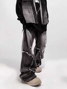 ROMWE MEN Grunge Punk Men's KPOP Casual Lace-Up Pocket Distressed Jeans, School, Grunge