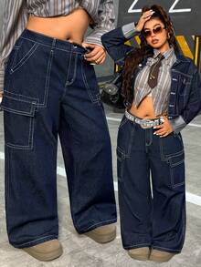 Jeanoix Jeans de mezclilla azul oscuro sin estiramiento de estilo callejero para mujer de talla grande