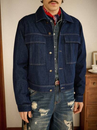 RivetRise Stylish Men's Blue Denim Jacket Amekaji Style With Collar And Pockets Long Sleeve Short Length Slim-Fit Black Work Vacation Washed Denim Coat For