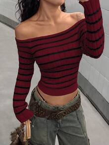 SHEIN LUNE Pakaian Streetwear Wanita Musim Gugur/Dingin Sweater Lengan Panjang Bergaris Off-Shoulder Model Pas Badan dengan Blok Warna - Merah - View 4