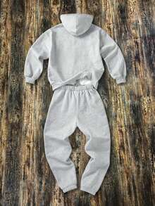 SHEIN 2件套青少年男童宽松字母图案连帽衫和运动裤套装 - 淺灰色 - 查看 2