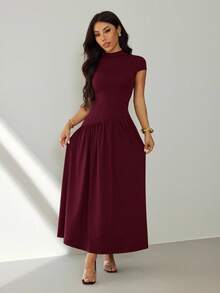 SHEIN PETITE 女式纯色立领长袖连衣裙 - 中紫紅色 - 查看 3