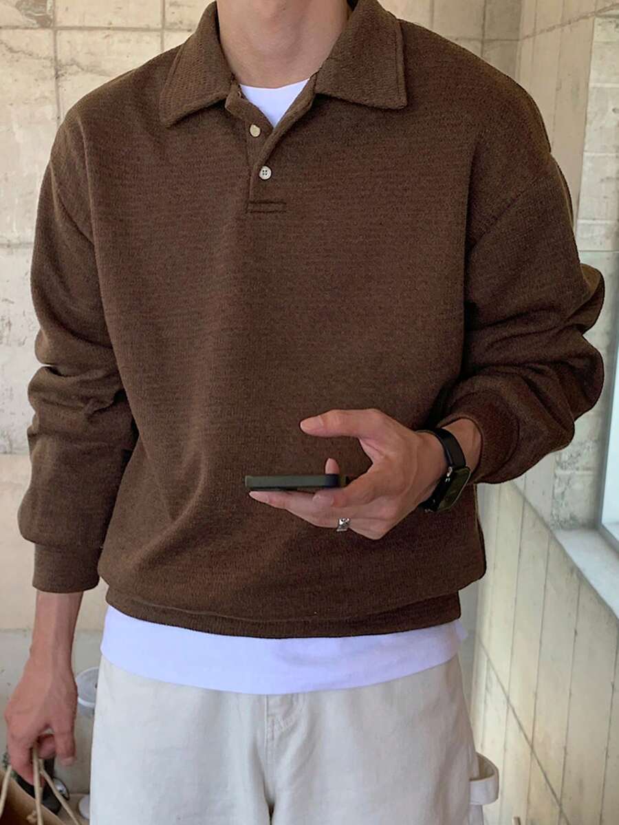 DAZY 男式纯棕色 Polo 领套头衫，秋季 - 棕色 - 查看 1