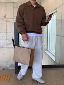 DAZY 男式纯棕色 Polo 领套头衫，秋季 - 棕色 - 查看 2