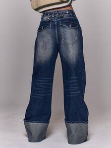 MUSERA 水洗可调节后扣腰带细节卷边牛仔裤，适合秋冬季外出日常休闲夜生活，宽松版型，酷炫街头风水洗T恤 - 中等水洗藍 - 查看 4