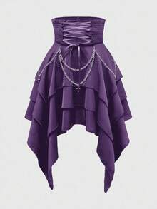 ROMWE Goth 复古哥特式高腰可拆卸金属链超高腰系带收腰不对称多层下摆女裙 - 紫色 - 查看 1