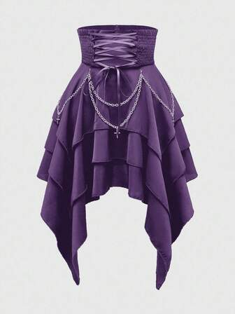 Goth Falda de mujer vintage gótica de cintura alta con cadena metálica desmontable, cintura súper alta con cordones, cintura ceñida y bajo asimétrico multicapa