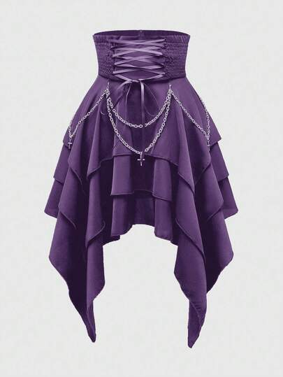 Vintage Gothic Hoher Bund Abnehmbarer Metallketten Super Hoher Bund Schnürung Taillengürtel Asymmetrischer Mehrstufiger Saum Damen Rock