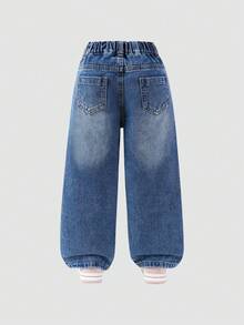 少女刺绣字母3D蝴蝶结复古牛仔阔腿裤，时尚百搭甜美清凉校园街头风，适合春夏秋冬 - 深色水洗藍 - 查看 2