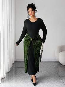 Elenzga Elegant Colorblock Twist Knot Bodycon Dress, Black & Green Patchwork, Metal Buckle Decor, Party Dress For Women, Spring/Autumn/Winter - Multicolor - View 5