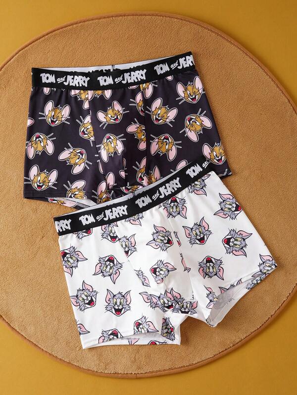 TOM & JERRY X SHEIN 2pcs Men's Black & White Contrast Letter Tape Waist All-Over Print Comfortable Trunks Graphic Boxers Funny Boxers For Men