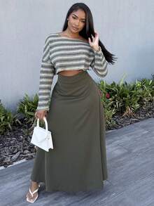 Alexandranx 女士休闲条纹不对称领口长袖衬衫，简约风格，适合日常穿着 - 綠色 - 查看 3