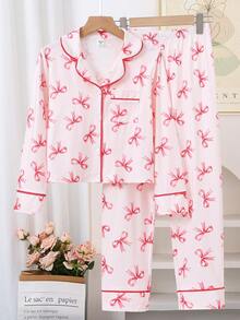 2pcs Girls Cute Bow Print Cardigan And Pants Comfortable Pajama Set - Multicolor - View 9