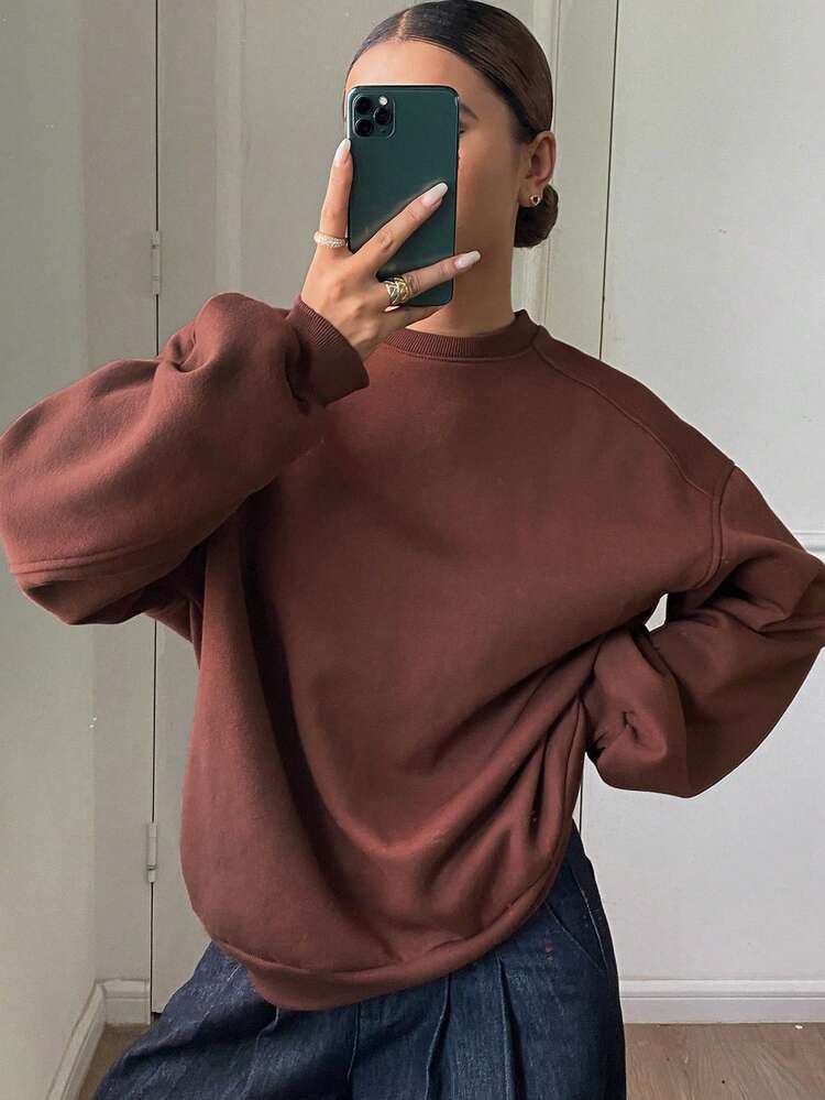 Women's Solid Color Fleece Crew Neck Drop Shoulder Long Sleeve Casual Loose Sweatshirt, Autumn/Winter