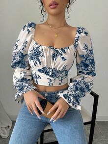 SHEIN Raffinéa 白色碎花喇叭袖抽绳腰女式衬衫 - 彩色 - 查看 5
