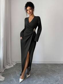 Elenzga 女式纯色长袖褶皱设计金属装饰优雅连衣裙 - 黑色 - 查看 6