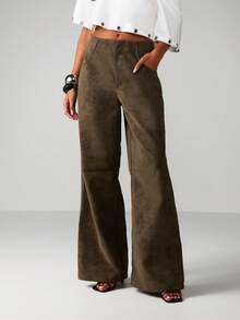 MISSGUIDED 秋冬休闲阔腿高腰麂皮阔腿裤 - 橄欖綠 - 查看 1