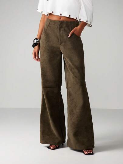 MISSGUIDED Pantalones palazzo de cintura alta y pierna ancha con textura de ante para uso casual en otoño e invierno