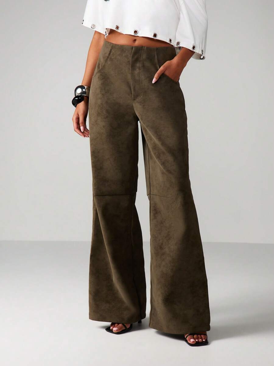 MISSGUIDED 秋冬休闲阔腿高腰麂皮阔腿裤 - 橄欖綠 - 查看 1