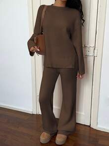 SHEIN Unity Conjunto de dos piezas de suéter de punto de unicolor y pantalones casuales para mujer, otoño/invierno - Marrón Chocolate - Ver 6