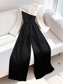 GlowEve Women's Elegant & Versatile Long Sleeve Black & White Patchwork Jumpsuit, Suitable For Daily Commute - Multicolor - View 2