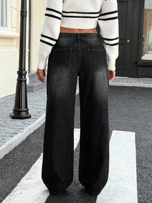 SHEIN ICON 女式复古水洗低腰直筒牛仔裤，保暖 - 黑色 - 查看 2
