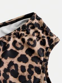 SHEIN 青少年女孩针织圆领修身拼布碎花梭织连衣裙，女童秋季豹纹休闲连衣裙，适合儿童休闲装、返校装、工作装、日常装、上学装、旅行装、运动装、秋冬季 - 黑色 - 查看 4