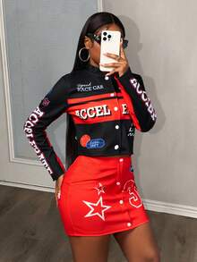 Slaydiva 2025 Winter, New Style, New Year, Valentine's Day, Party, Evening Gathering, Date, Gathering, Birthday Party, Preppy Style, Student Wear, Everyday Outing, Basic Versatile, Casual, Cruise Travel, Influencer Hot Style, Elegant, Commuter, Business Casual, Sexy Club, Y2K, Punk Racing, Girly Cool Motorcycle Style, Small Stand Collar Long Sleeve Letter Print Jacket + Tank Top + Mini Skirt, Winter Set, Christmas Set, New Year Set, Women's Three-Piece Set