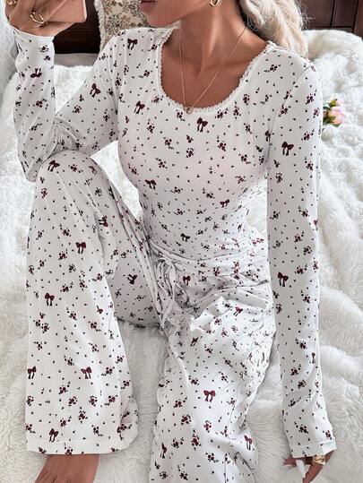 Ditsy Print Long Sleeve Top Pants Women Pajama Set, Clothes Sleep Wear Piece Set Lounge Pyjama Two view 6