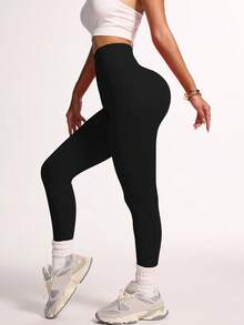 Slayform 2 chiếc quần legging thể thao cạp cao liền mạch màu trơn cho nữ - màu đen - Xem 4