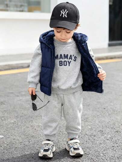 Baby Boy Casual Simple Hooded Padded Vest, Fashionable And Suitable For Daily Winter Wear, Outing And Playing, Baby Winter Clothing, 3 Months To 3 Years Old, Baby Brand Clothing Baby Boy Navy Blue Vest Baby Boy Suit Baby Boy Puffer Vest Baby Boy Winter Clothes