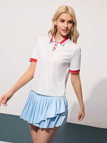 Gameset SHEIN Sport Camisa Polo Versátil de Tênis e Golfe com Colarinho de Botão em Cores Contrastantes - Multicolorido - Visão 5