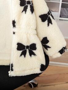 Young Girl' Cute Bow Print Thermal Lined Zip-Up Hooded Cardigan, Waist Cinched Mid-Length Top, Autumn/Winter