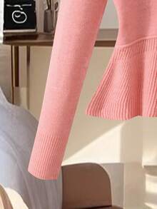 GlowEve Women's Fashionable 2 In 1 Contrast Color Collar Long Sleeve Fitted Waist Soft & Cozy Classic Versatile Fitted Pullover Sweater, Autumn/Winter - Pink - View 5