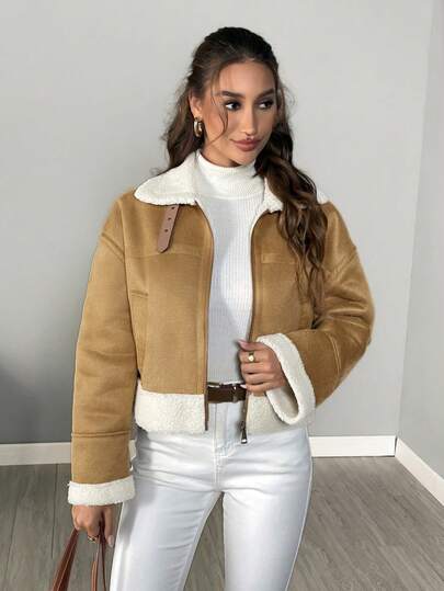 SHEIN LUNE Women's Casual Zipper Front Faux Fur Lined Jacket, Autumn/Winter