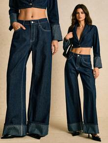 Poéselle 女士通勤时尚条纹阔腿牛仔裤，低腰宽松牛仔裤，新年卷边牛仔裤，冬季款 - 深色水洗藍 - 查看 1