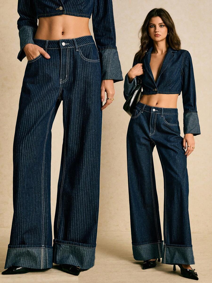 Poéselle 女士通勤时尚条纹阔腿牛仔裤，低腰宽松牛仔裤，新年卷边牛仔裤，冬季款 - 深色水洗藍 - 查看 1