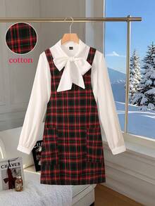 Franclia 法式复古格子吊带连衣裙搭配休闲蝴蝶结长袖衬衫，女春秋套装 - 白色 - 查看 1