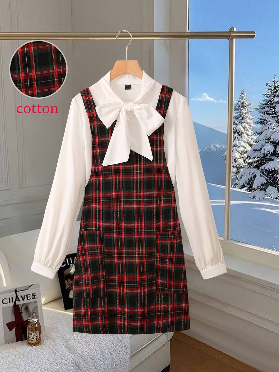 Franclia 法式复古格子吊带连衣裙搭配休闲蝴蝶结长袖衬衫，女春秋套装 - 白色 - 查看 1