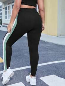 SHEIN EZwear Leggings de moda de talle alto con rayas de contraste para tallas grandes